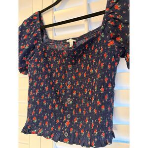 Coquette Aerie Smocked Puff Sleeve Top Small S Navy Blue Rose Floral Blouse